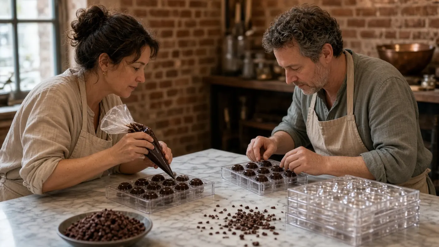 Deelnemers vullen donkere chocoladeschalen tijdens de gevorderde bonboncursus in Utrecht