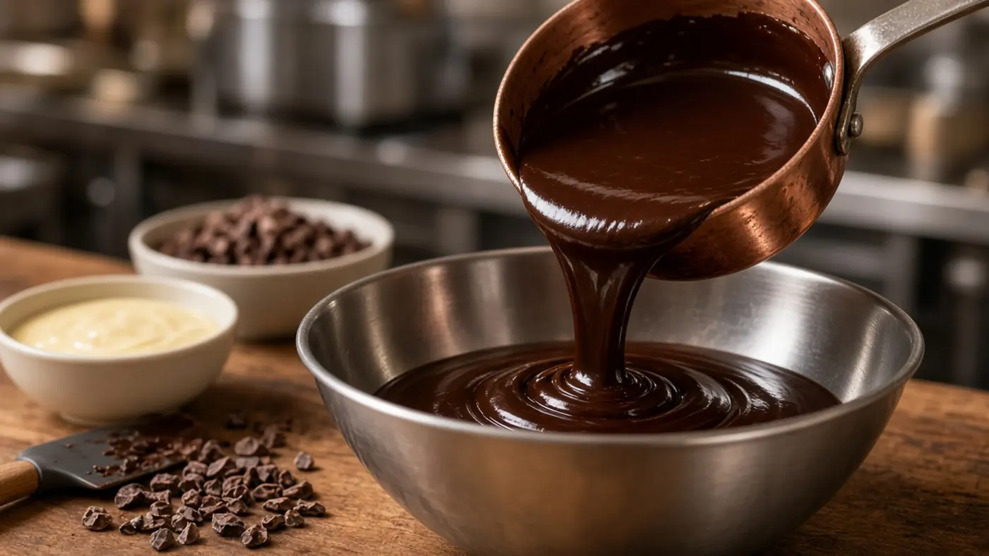 Glanzende ganache wordt uit een pan in een kom gegoten in het Utrechtse chocoladeatelier