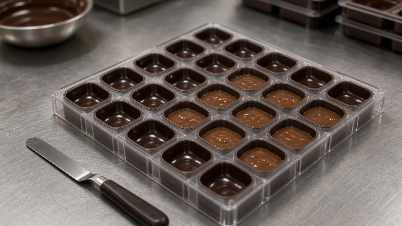 Glanzende pralineschalen in een vorm, deels gevuld met karamelganache, in het Utrechtse atelier
