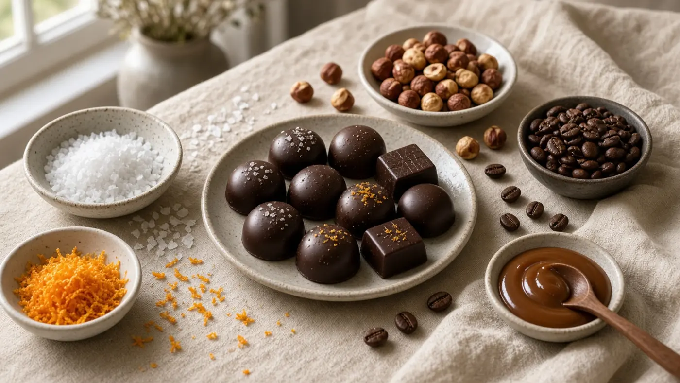 Proeftafel met bonbons, citrus, zeezout en noten voor smaakcombinaties in het Utrechtse atelier